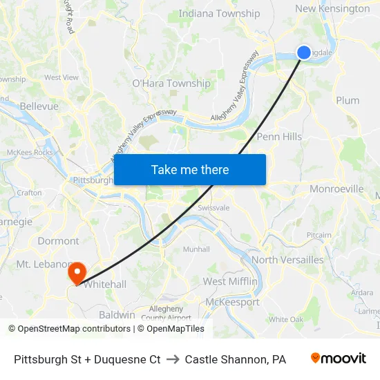 Pittsburgh St + Duquesne Ct to Castle Shannon,  PA map