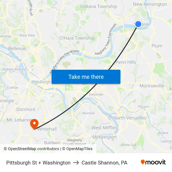 Pittsburgh St + Washington to Castle Shannon,  PA map