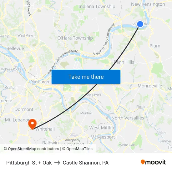 Pittsburgh St + Oak to Castle Shannon,  PA map