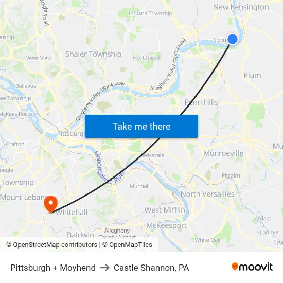 Pittsburgh + Moyhend to Castle Shannon,  PA map