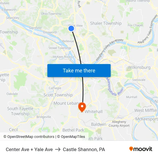 Center Ave + Yale Ave to Castle Shannon,  PA map