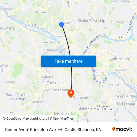 Center Ave + Princeton Ave to Castle Shannon,  PA map