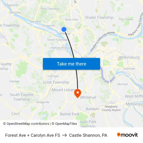 Forest Ave + Carolyn Ave FS to Castle Shannon,  PA map