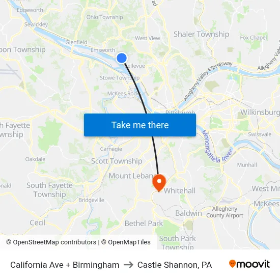 California Ave + Birmingham to Castle Shannon,  PA map