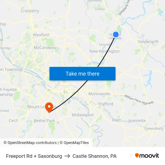 Freeport Rd + Saxonburg to Castle Shannon,  PA map