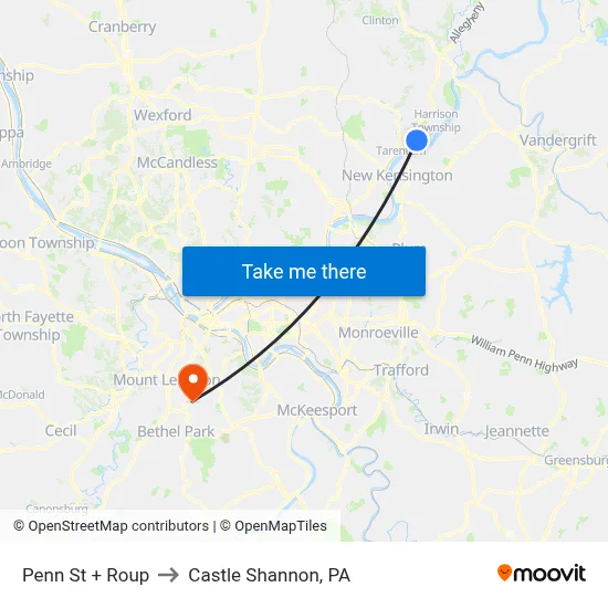 Penn St + Roup to Castle Shannon,  PA map