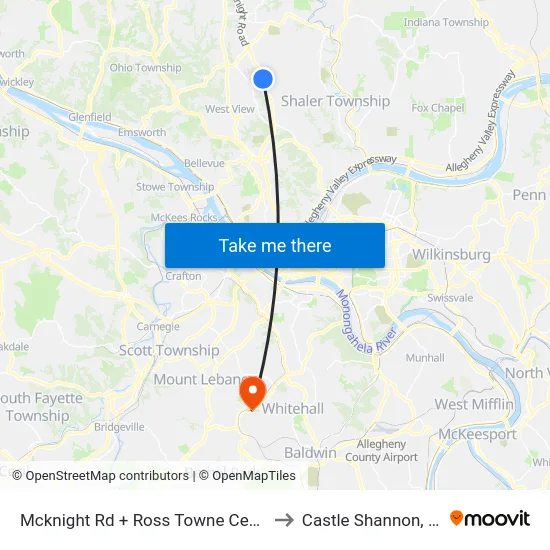 Mcknight Rd + Ross Towne Center to Castle Shannon,  PA map