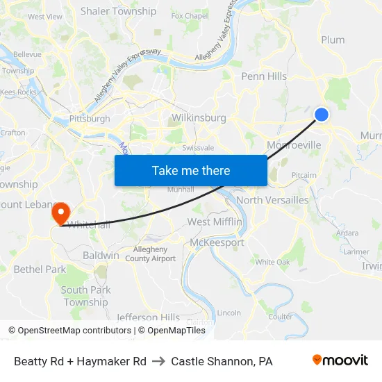 Beatty Rd + Haymaker Rd to Castle Shannon,  PA map