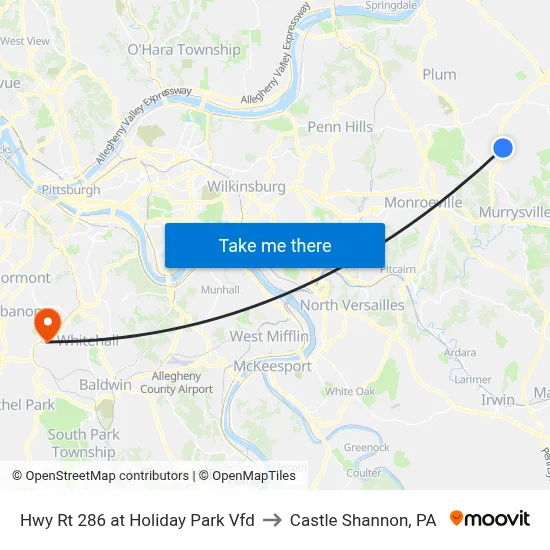 Hwy Rt 286 at Holiday Park Vfd to Castle Shannon,  PA map
