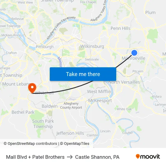 Mall Blvd + Patel Brothers to Castle Shannon,  PA map