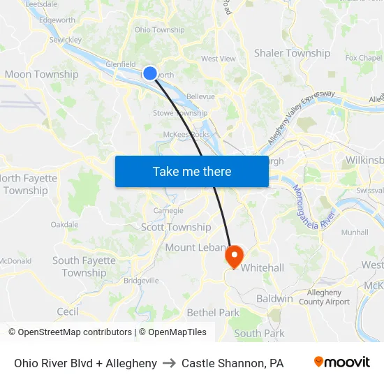 Ohio River Blvd + Allegheny to Castle Shannon,  PA map
