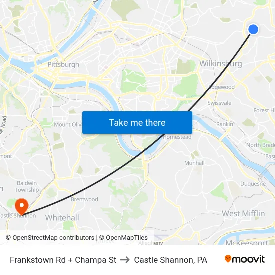 Frankstown Rd + Champa St to Castle Shannon,  PA map