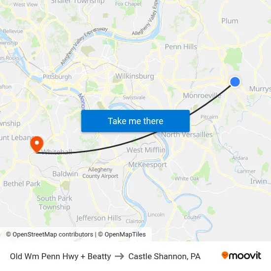 Old Wm Penn Hwy + Beatty to Castle Shannon,  PA map