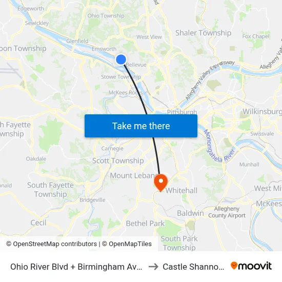 Ohio River Blvd + Birmingham Ave Bridge to Castle Shannon,  PA map