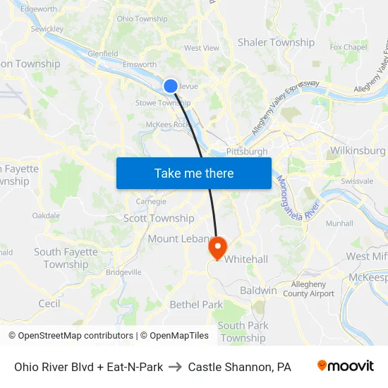 Ohio River Blvd + Eat-N-Park to Castle Shannon,  PA map
