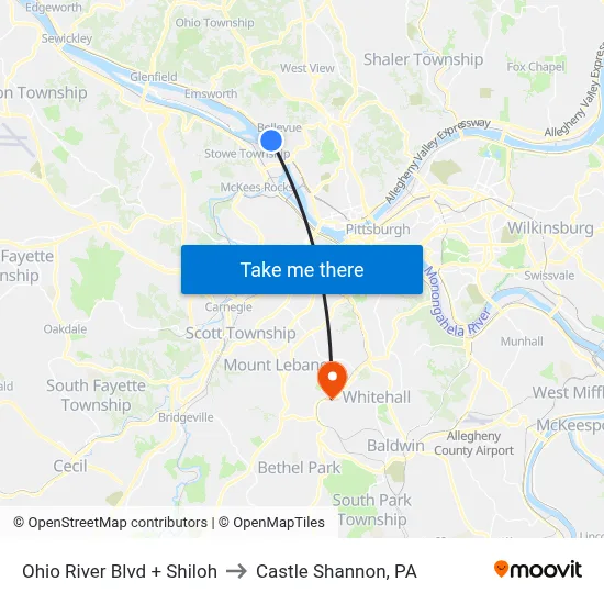 Ohio River Blvd + Shiloh to Castle Shannon,  PA map