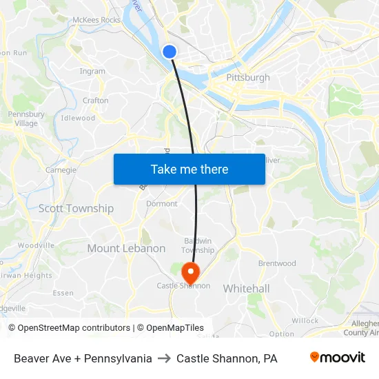 Beaver Ave + Pennsylvania to Castle Shannon,  PA map
