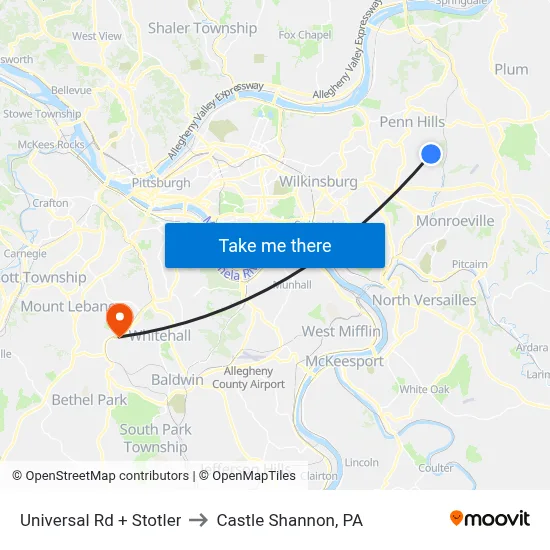 Universal Rd + Stotler to Castle Shannon,  PA map
