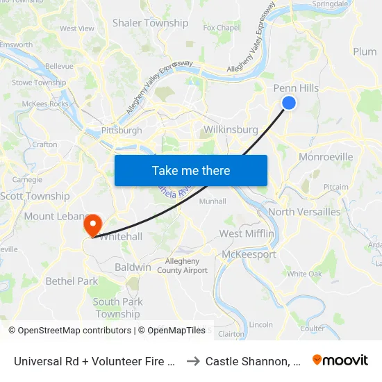 Universal Rd + Volunteer Fire Co to Castle Shannon,  PA map