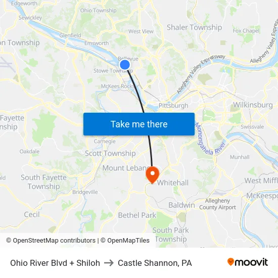 Ohio River Blvd + Shiloh to Castle Shannon,  PA map