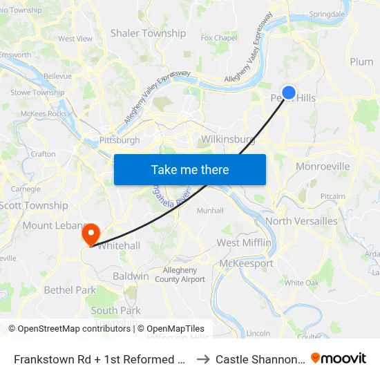 Frankstown Rd + 1st Reformed Church to Castle Shannon,  PA map