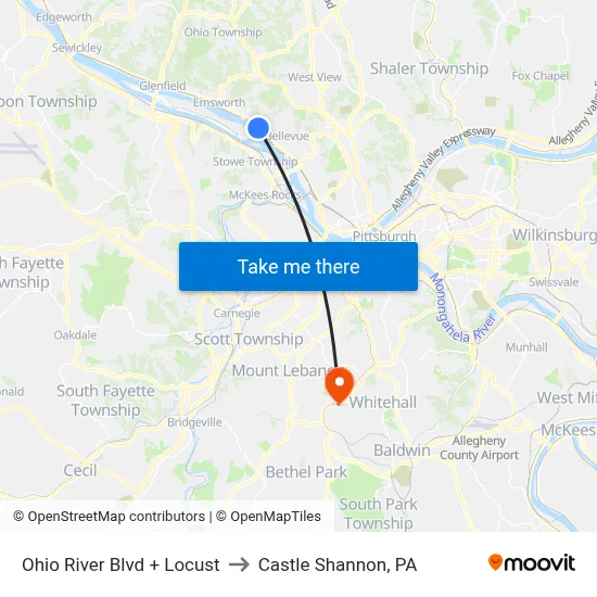 Ohio River Blvd + Locust to Castle Shannon,  PA map