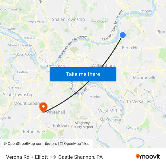 Verona Rd + Elliott to Castle Shannon,  PA map