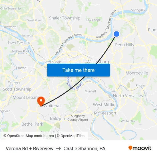 Verona Rd + Riverview to Castle Shannon,  PA map