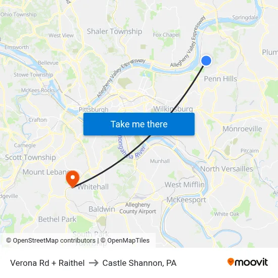 Verona Rd + Raithel to Castle Shannon,  PA map