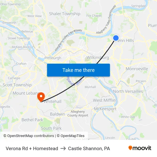 Verona Rd + Homestead to Castle Shannon,  PA map