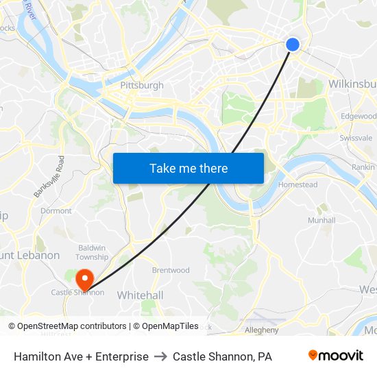 Hamilton Ave + Enterprise to Castle Shannon,  PA map