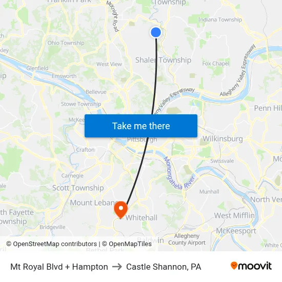 Mt Royal Blvd + Hampton to Castle Shannon,  PA map