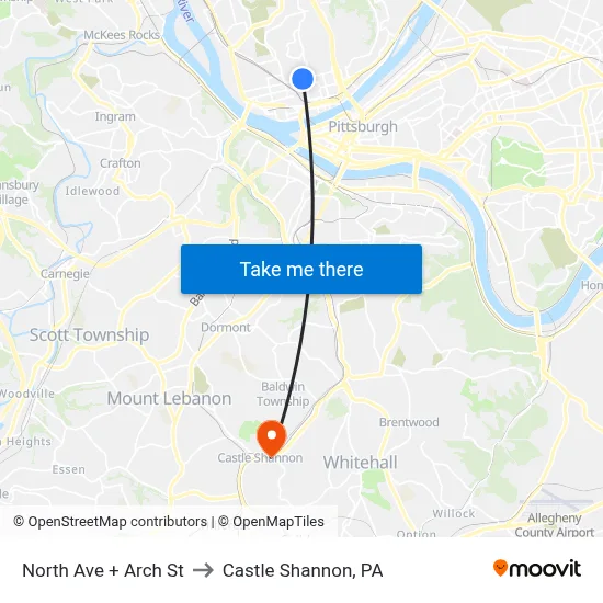 North Ave + Arch St to Castle Shannon,  PA map