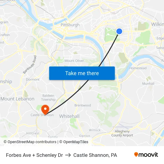 Forbes Ave + Schenley Dr to Castle Shannon,  PA map