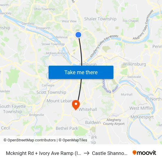 Mcknight Rd + Ivory Ave Ramp (Island) to Castle Shannon,  PA map