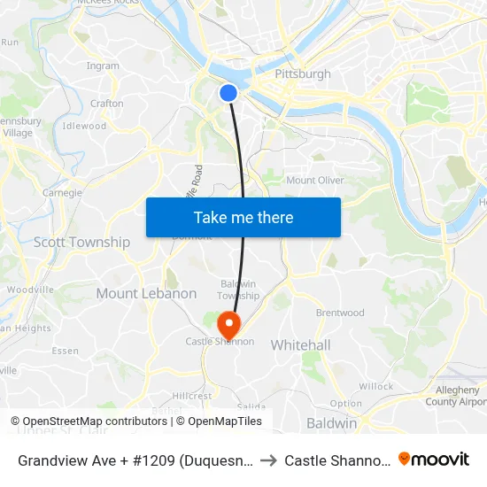 Grandview Ave + #1209 (Duquesne Incline) to Castle Shannon,  PA map