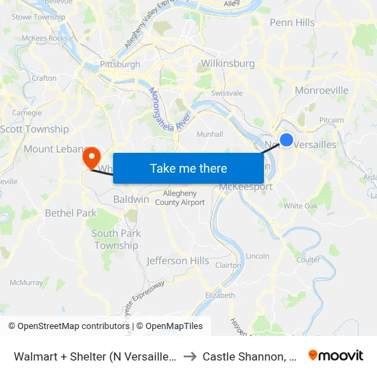Walmart + Shelter (N Versailles) to Castle Shannon,  PA map
