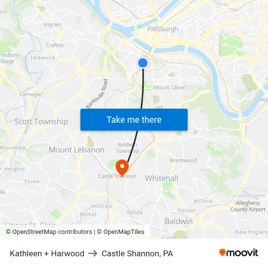 Kathleen + Harwood to Castle Shannon,  PA map