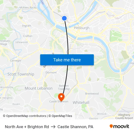 North Ave + Brighton Rd to Castle Shannon,  PA map