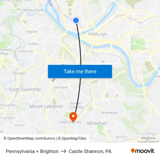 Pennsylvania + Brighton to Castle Shannon,  PA map