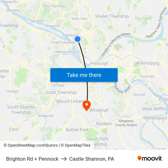 Brighton Rd + Pennock to Castle Shannon,  PA map