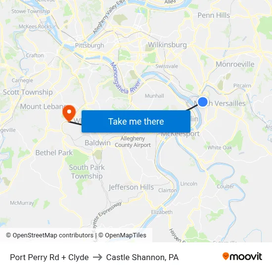 Port Perry Rd + Clyde to Castle Shannon,  PA map