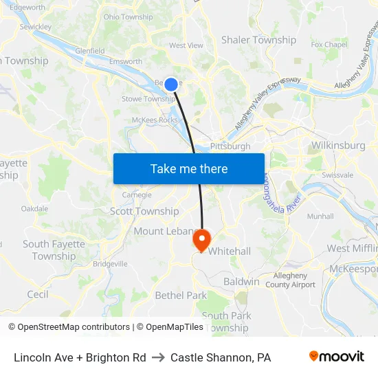 Lincoln Ave + Brighton Rd to Castle Shannon,  PA map