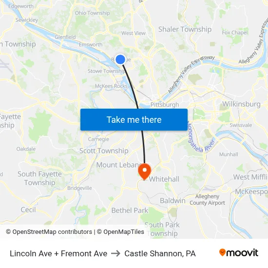 Lincoln Ave + Fremont Ave to Castle Shannon,  PA map