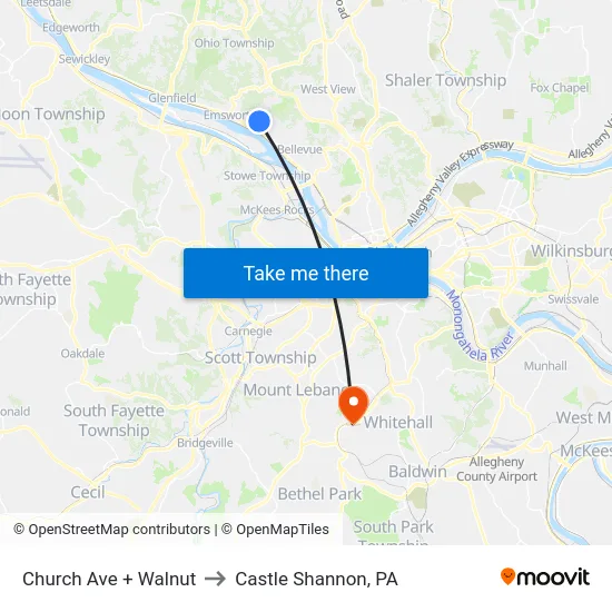 Church Ave + Walnut to Castle Shannon,  PA map