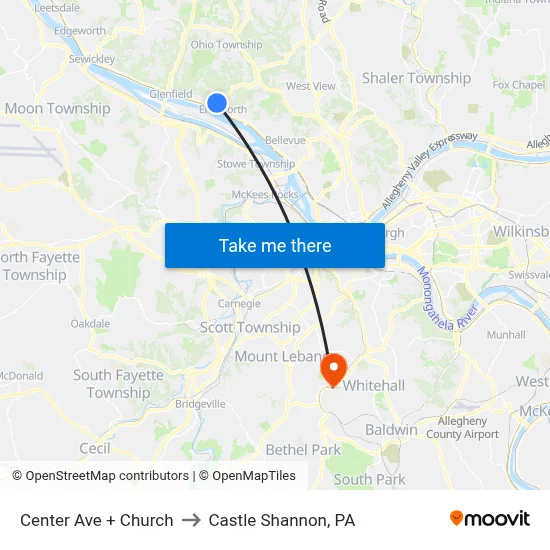 Center Ave + Church to Castle Shannon,  PA map