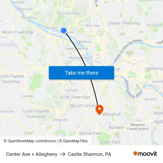 Center Ave + Allegheny to Castle Shannon,  PA map