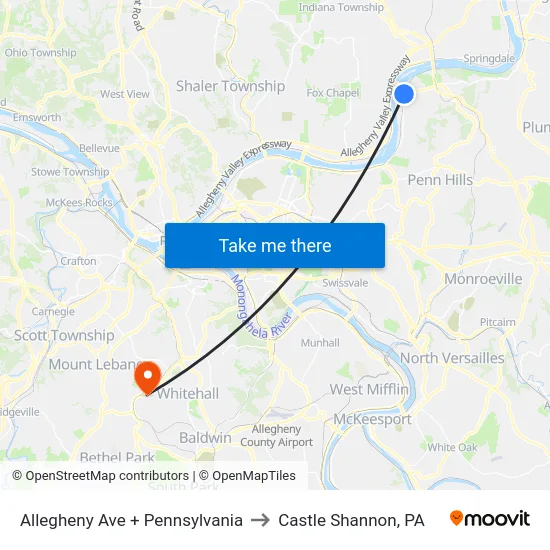 Allegheny Ave + Pennsylvania to Castle Shannon,  PA map