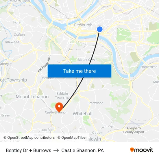 Bentley Dr + Burrows to Castle Shannon,  PA map