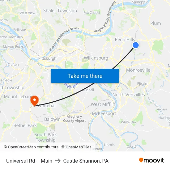 Universal Rd + Main to Castle Shannon,  PA map